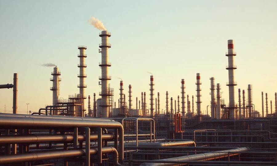 Petrochemical plant pipe racks and stacks along the river corridor