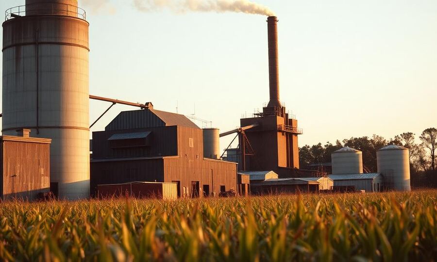 South Louisiana sugar mill with cane field in the foreground