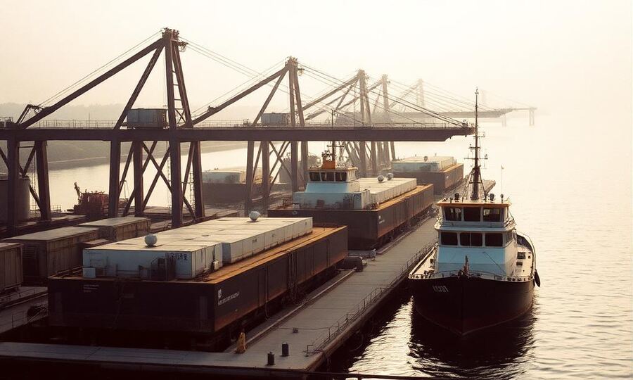 Barges and a towboat tied up at a river marine terminal