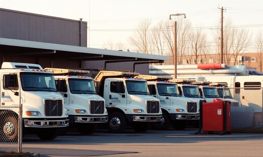 Municipal public works trucks parked beside a fuel island